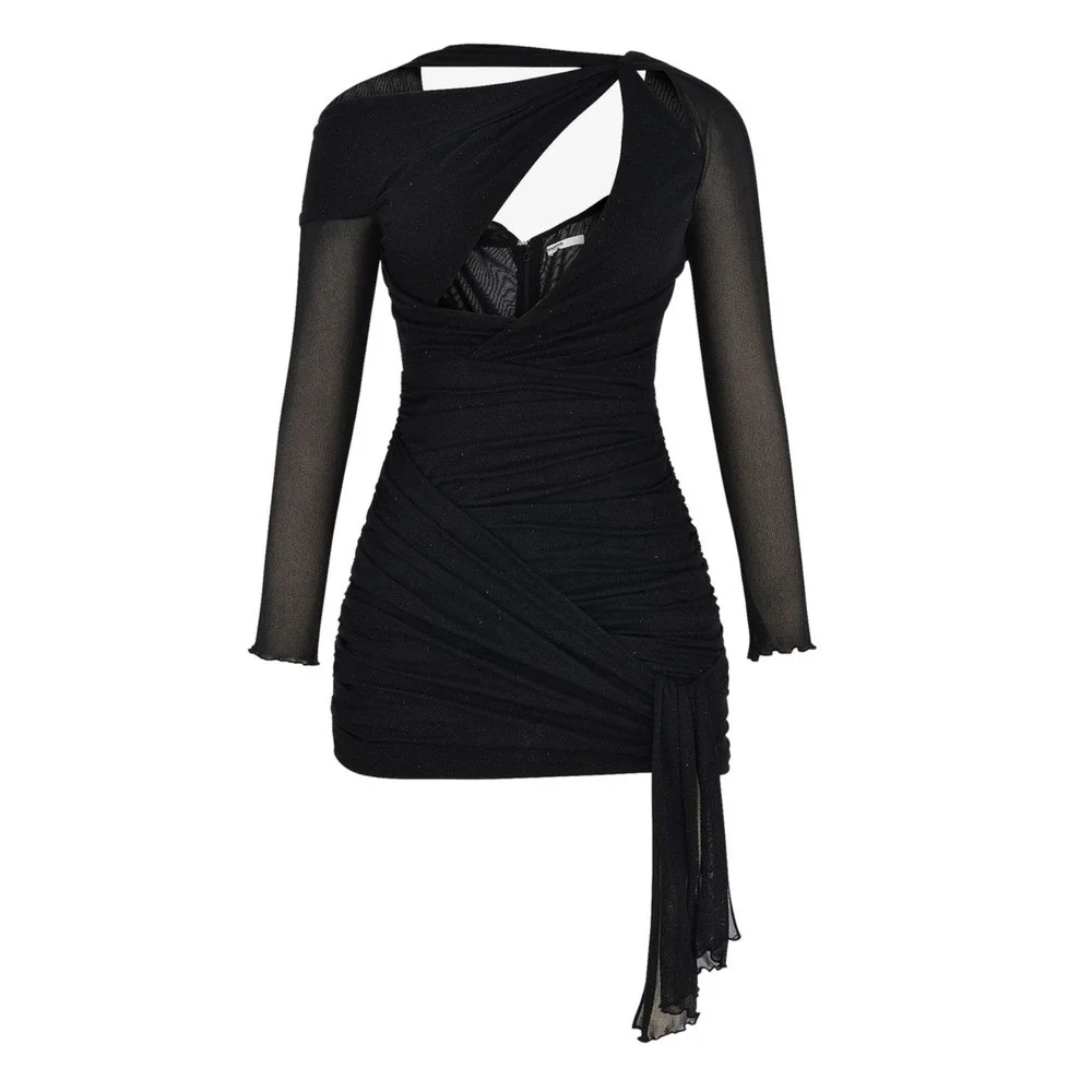 B41 House of CB Santa Mini Dress Small Black Glitter Ruched Bodycon Cutout - Picture 3 of 12